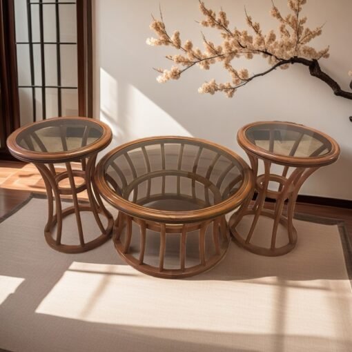 3-Piece Coffee Table Set – Beech Wood with Glass Top